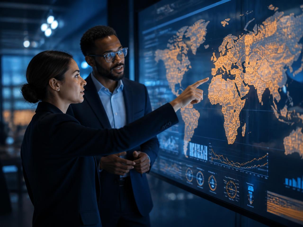Two LBM analysts reviewing worldwide company data on a large screen