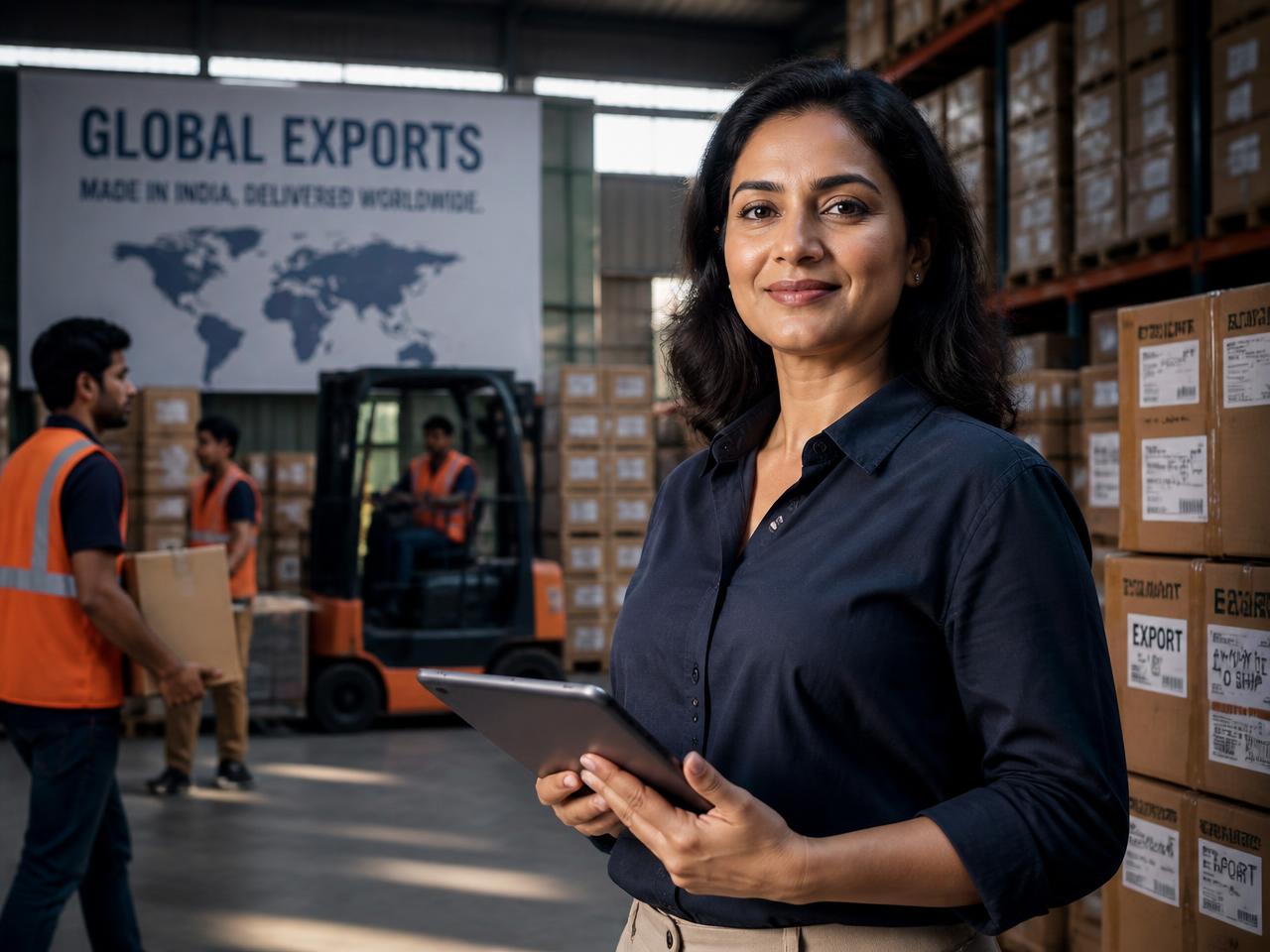 Export company owner in her warehouse reviewing orders on a tablet